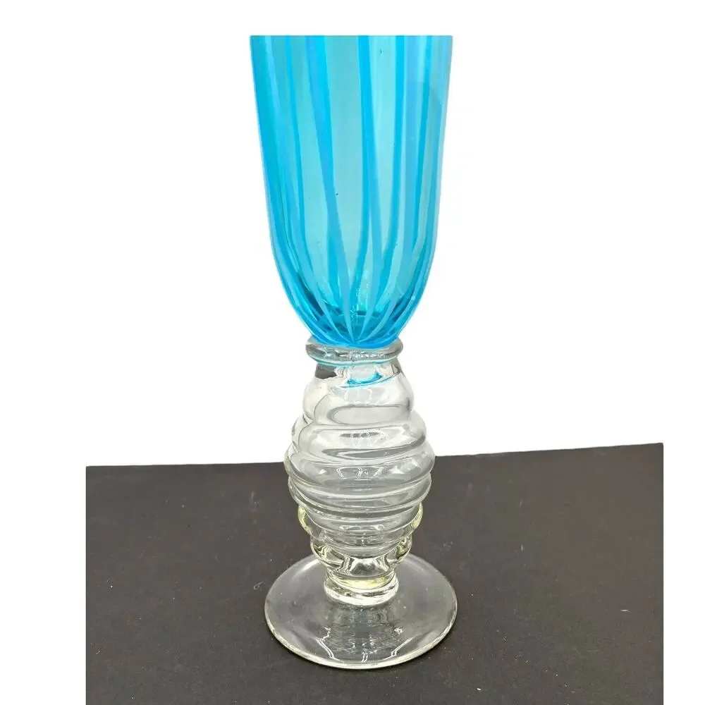 Vtg 14'' Blue Hand Blown Glass Vase Spiral Ice Blue Ruffled Top Clear‎ Base EUC
